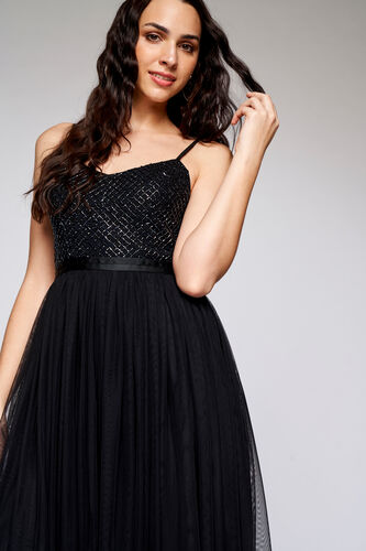 Black Solid Flared Dress, Black, image 1